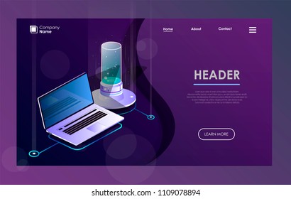 Isometric concept of IT technology,server management.Web header template.Vector isometric illustration on a purple gradient background