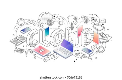 Isometric concept with thin line letters, typography word cloud with line and colorful icons on white background. For internet banner, websites, flyers. Vector illustration.