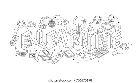 Isometric concept with thin line letters, typography word e-learning with line icons on white background. For internet banner, websites, flyers. Vector illustration.