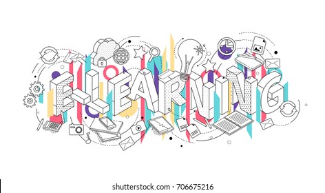Isometric concept with thin line letters, typography word e-learning with line icons on white background. For internet banner, websites, flyers. Vector illustration.