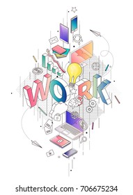 Isometric concept with thin line letters, typography word work with line and colorful icons on white background. For internet banner, websites, flyers. Vector illustration.