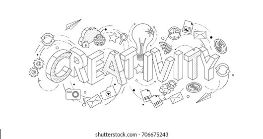 Isometric concept with thin line letters, typography word creativity with line icons on white background. For internet banner, websites, flyers. Vector illustration.