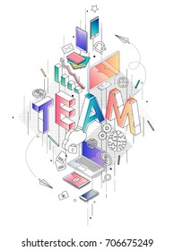 Isometric concept with thin line letters, typography word team with line and colorful icons on white background. For internet banner, websites, flyers. Vector illustration.