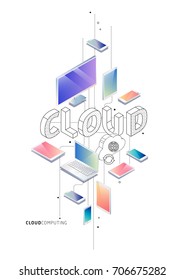 Isometric concept with thin line letters, typography word cloud with line and colorful icons on white background. For internet banner, websites, flyers. Vector illustration.