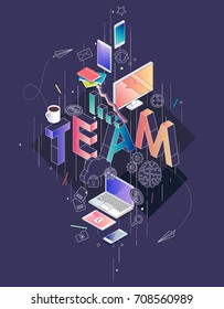 Isometric concept with thin line letters, typography word team with line and colorful icons. For internet banner, websites, flyers. Vector illustration.