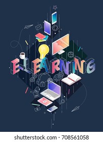 Isometric concept with thin line letters, typography word e-learning with line and colorful icons. For internet banner, websites, flyers. Vector illustration.