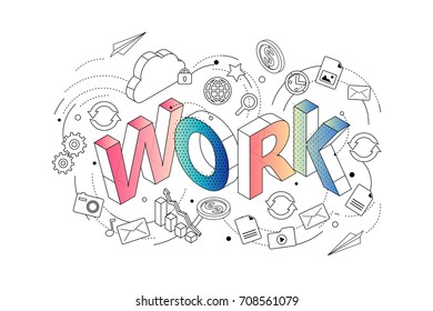 Isometric concept with thin line letters, typography word work with line and colorful icons on white background. For internet banner, websites, flyers. Vector illustration.