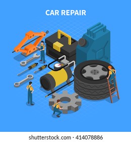 Isometric concept with tools and equipment used in car repair with figures of workers vector illustration