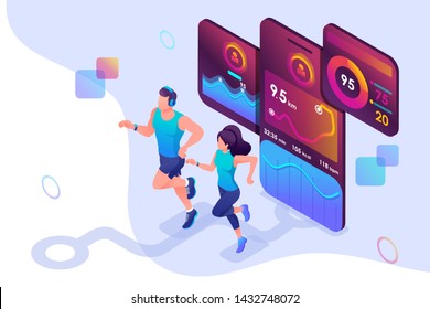 Isometric concept train together, reach your goal using the mobile app to track your activity. Concept for web design