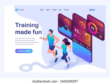 Isometric concept train together, reach your goal using the mobile app to track your activity. Landing page template for the site