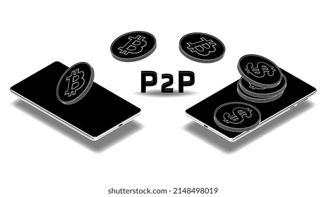 Isometric concept of transferring and converting bitcoin BTC to dollars USD peer to peer P2P using mobile phone silhouette isolated on white. Two cellphones and flying BTC coins. Vector illustration.