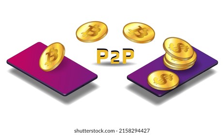 Isometric concept of transferring and converting bitcoin BTC to dollars USD peer to peer P2P using mobile phone isolated on white background. Coins fly over cellphones. Vector illustration.