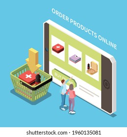 Isometric concept with two people ordering products online on smartphone on blue background 3d vector illustration