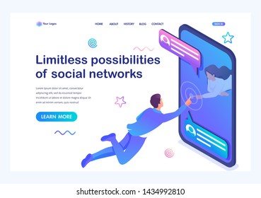 Isometric concept Unlimited possibilities of social networks, a young girl communicates with a young man via the Internet. Online Dating. Landing page template for the site