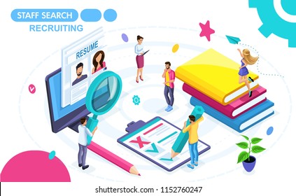 Isometric Concept of viewing a resume in a recruiting agency. Isometric people on the move, view summary. Concepts for web banners and printed materials.