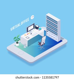 Isometric concept of virtual desktop. Online office. Folder, card index. 3d workplace. Vector illustration.