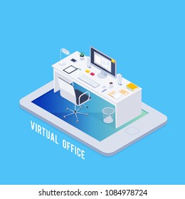 Isometric concept virtual office. 3d workplace on smartphone with table and computer. Online job. Vector illustration.