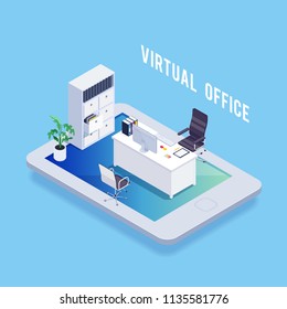 Isometric Concept Of Virtual Office. Office Furniture On Tablet. Folder, Card Index. 3d Workplace. Vector Illustration.