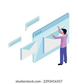 Isometric concept of virtual online communication with man sending messages 3d vector illustration