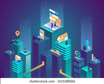 Isometric concept virtual reality and augmented reality AR and VR Development. Digital Media Technology for website and mobile app. Software development and programming. Computation of big data center