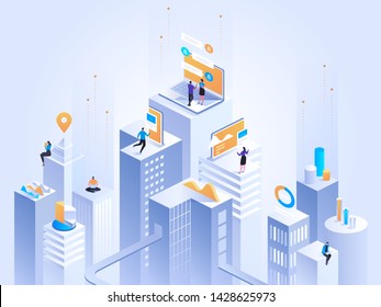 Isometric concept virtual reality and augmented reality AR and VR Development. Digital Media Technology for website and mobile app. Software development and programming. Computation of big data center