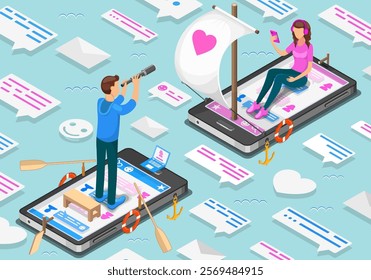 Isometric concept of virtual relationships and online dating. Teenagers exploring social networks for a match. Vector illustration