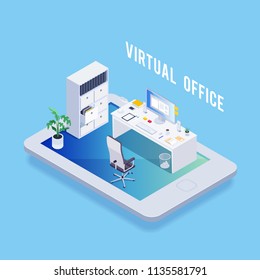 Isometric concept of virtual workplace. Internet office. 3d workplace. Vector illustration.