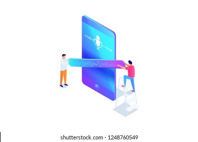 Isometric concept of voice message communication by phone, recording, people having online conversation, microphone icon on smartphone screen, soundwave, 3d vector illustration