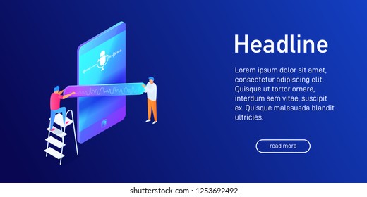 Isometric concept of voice message communication, landing page design, recording, people having online conversation, microphone icon on smartphone screen, soundwave, 3d vector illustration