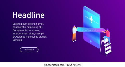 Isometric concept of voice message communication, landing page design, recording, people having online conversation, microphone icon on smartphone screen, soundwave, 3d vector illustration