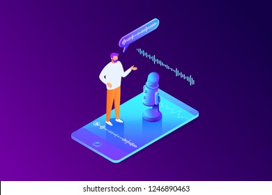 Concepto isométrico de grabación de mensajes de voz, hombre que usa micrófono en el teléfono, charla de caracteres con smartphone, entrevista en línea, comunicación, ilustración 3d vectorial