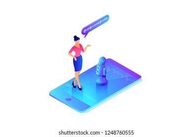 Isometric concept of voice message recording, woman talking, using phone, microphone, mobile device app, 3d vector illustration