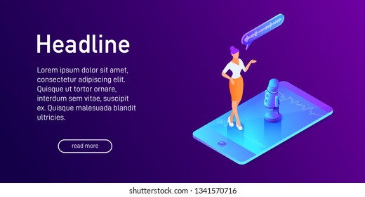 Isometric concept of voice message recording, landing page design, woman using microphone on phone, mobile device app, online interview, 3d vector illustration