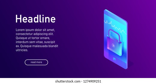 Isometric concept of voice recognition, landing page design, biometrics, voice recognition, data and information security, closed padlock icon on smartphone screen, 3d vector illustration