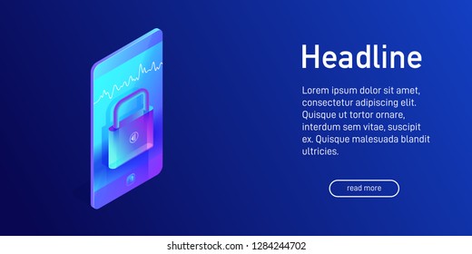 Isometric concept of voice recognition, landing page design, biometrics, voice recognition, data and information security, closed padlock icon on smartphone screen, 3d vector illustration
