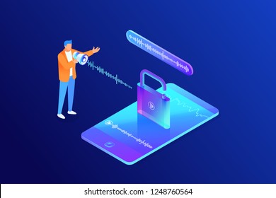 Isometric concept of voice recognition, man unlock phone, mobile device security, character with loudspeaker, opened padlock, 3d vector illustration
