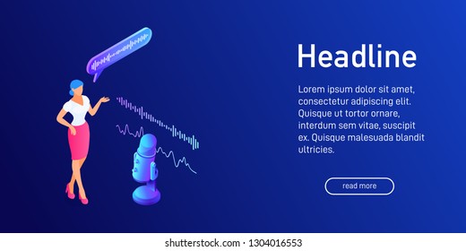Isometric concept of voice recording on microphone, landing page design, woman talking to professional microphone, radio program or announcement, interview, soundwaves, 3d vector illustration