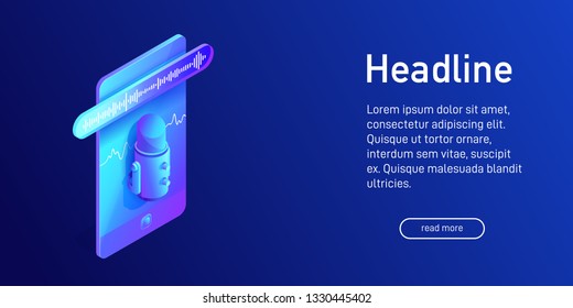 Isometric concept of voice recording on phone, landing page design, biometrics, voice recognition, using microphone app, voice message, soundwave on smartphone screen, 3d vector illustration