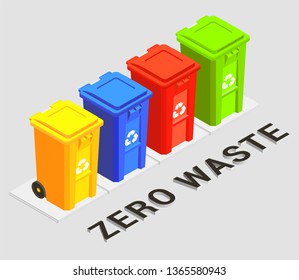 Isometric concept of waste management with different colored recycle bins for zero waste garbage separation with recycle emblem vector illustration