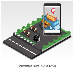 Isometric The concept of where to eat mobile tracking application, vector illustration