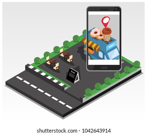 Isometric The concept of where to eat mobile tracking application, vector illustration