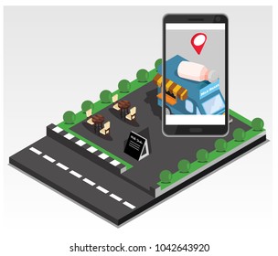 Isometric The concept of where to eat mobile tracking application, vector illustration