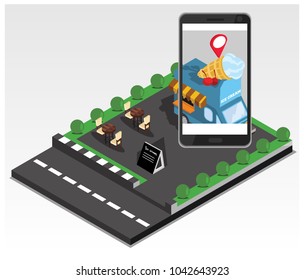 Isometric The concept of where to eat mobile tracking application, vector illustration