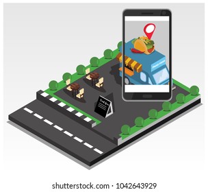 Isometric The concept of where to eat mobile tracking application, vector illustration
