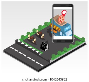 Isometric The concept of where to eat mobile tracking application, vector illustration