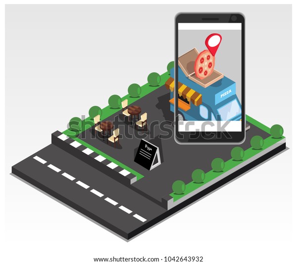 Isometric The concept of where to eat mobile\
tracking application, vector\
illustration