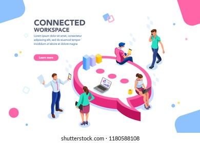 Isometric concept, wifi connected people, bar presentation. Occupation plan, workplace for team cooperation. Discussing together, diagram of brainstorming. Report, sales target, marketing illustration