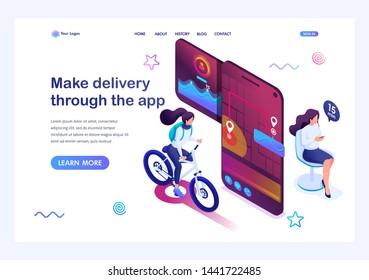 Isometric concept woman Makes a delivery through the app, the girl courier tracks the arrival time and place of delivery. Landing page template for the site