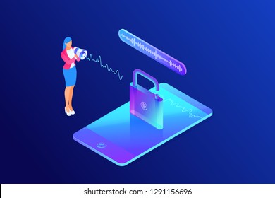 Isometric concept, woman unlock phone, voice recognition, smartphone security, information safety, character with loudspeaker, 3d vector illustration