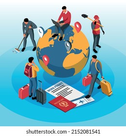 Isometric concept of working abroad with human characters of migrant workers and documents 3d vector illustration